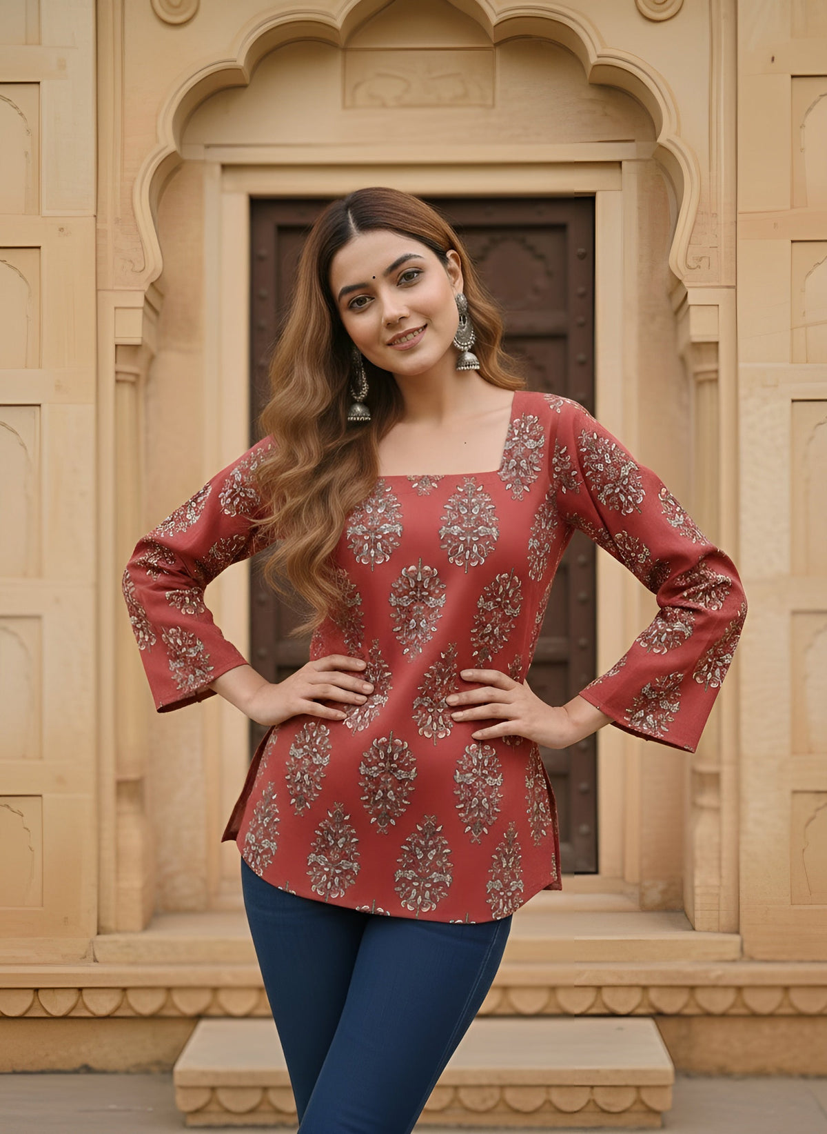 Women Maroon Printed Straight Tunic