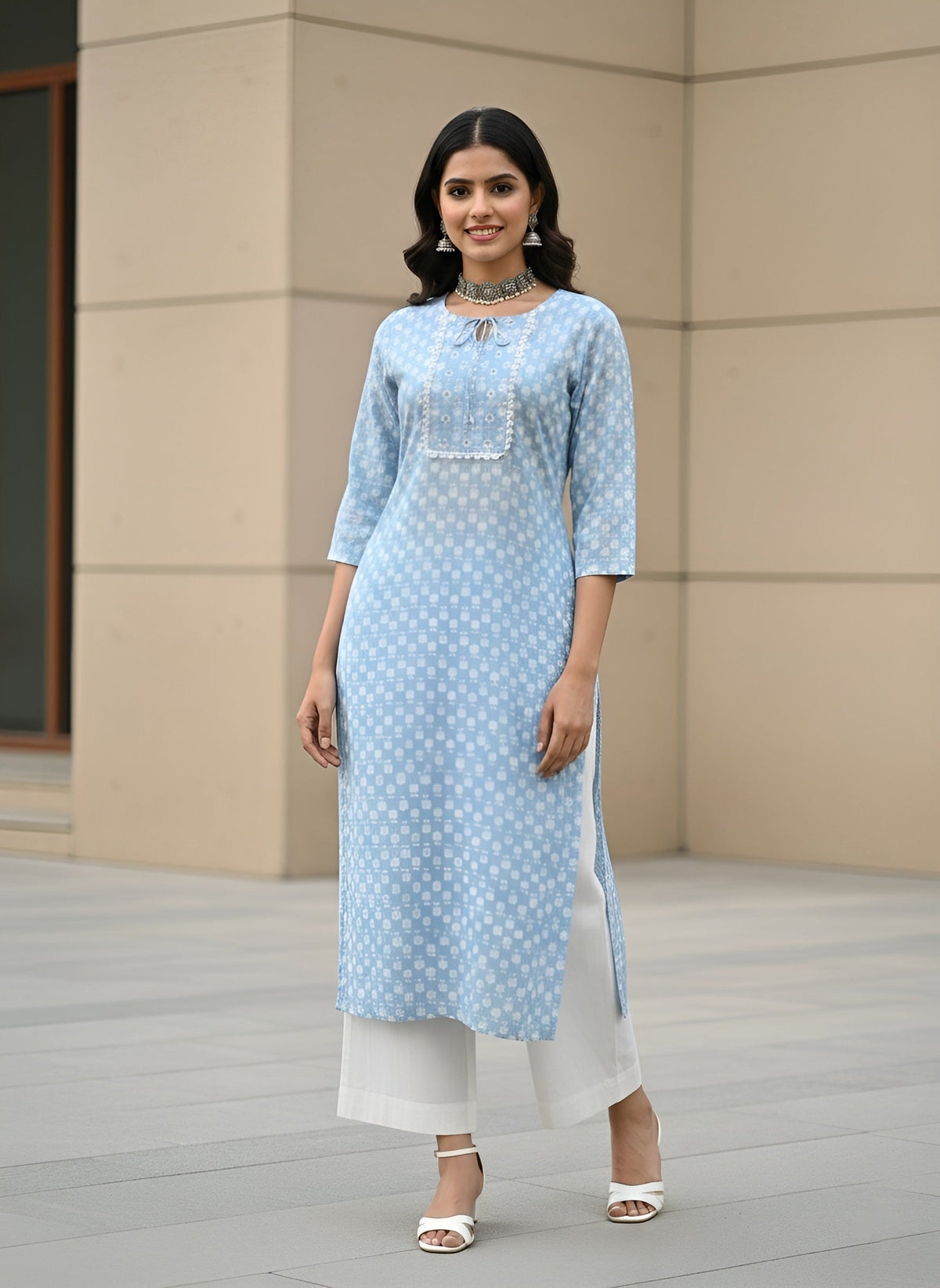 Blue Printed Straight Kurta with Three Quarter Sleeves