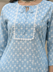 Blue Printed Straight Kurta with Three Quarter Sleeves