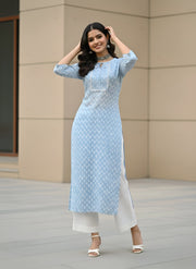 Blue Printed Straight Kurta with Three Quarter Sleeves