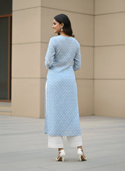 Blue Printed Straight Kurta with Three Quarter Sleeves