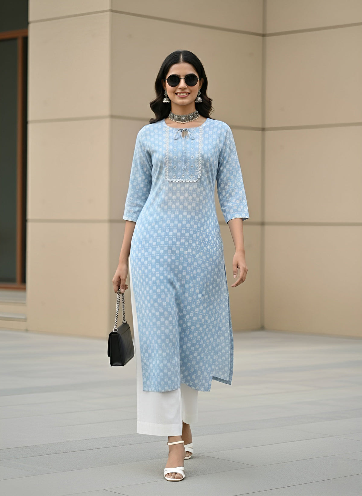 Blue Printed Straight Kurta with Three Quarter Sleeves