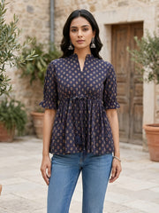 Blue Printed  Peplum Top With Puff Sleeves