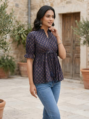 Blue Printed  Peplum Top With Puff Sleeves