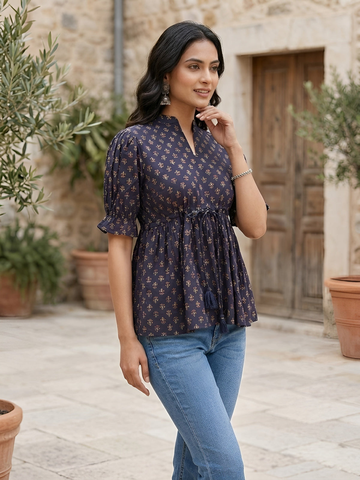 Blue Printed  Peplum Top With Puff Sleeves