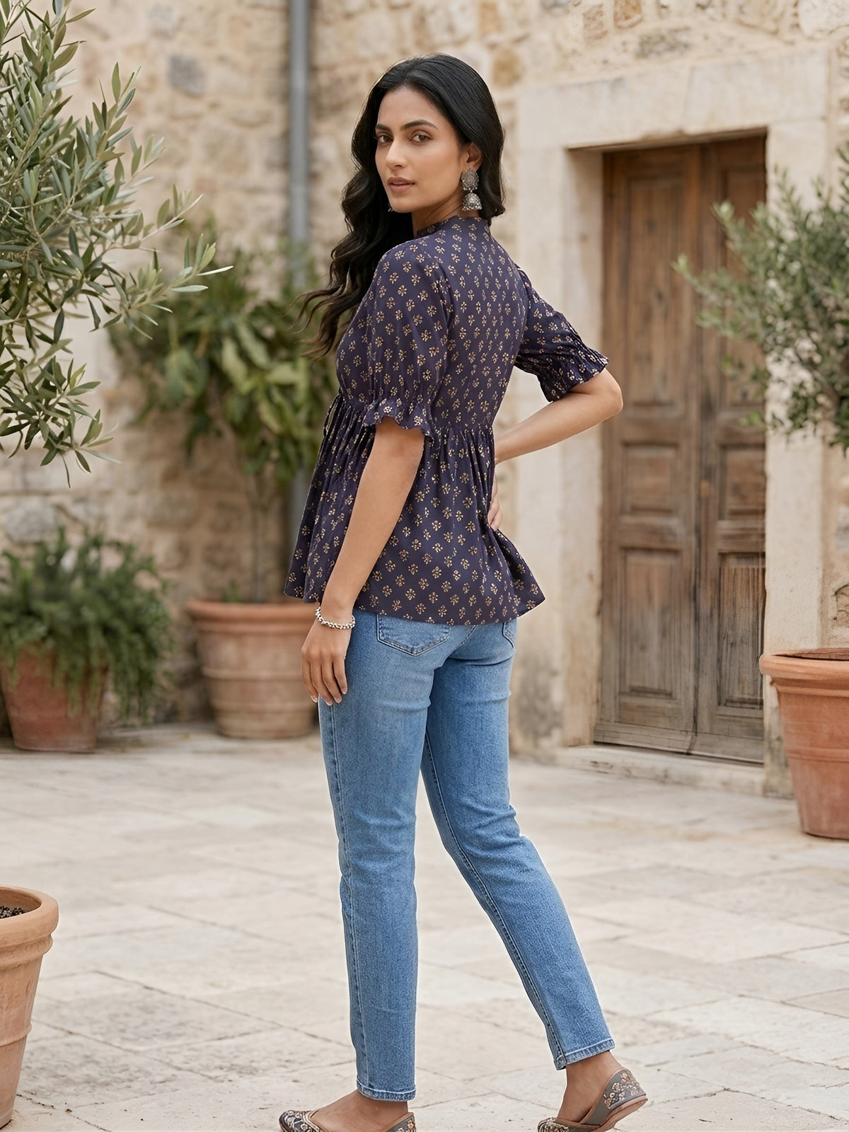 Blue Printed  Peplum Top With Puff Sleeves
