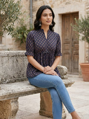Blue Printed  Peplum Top With Puff Sleeves