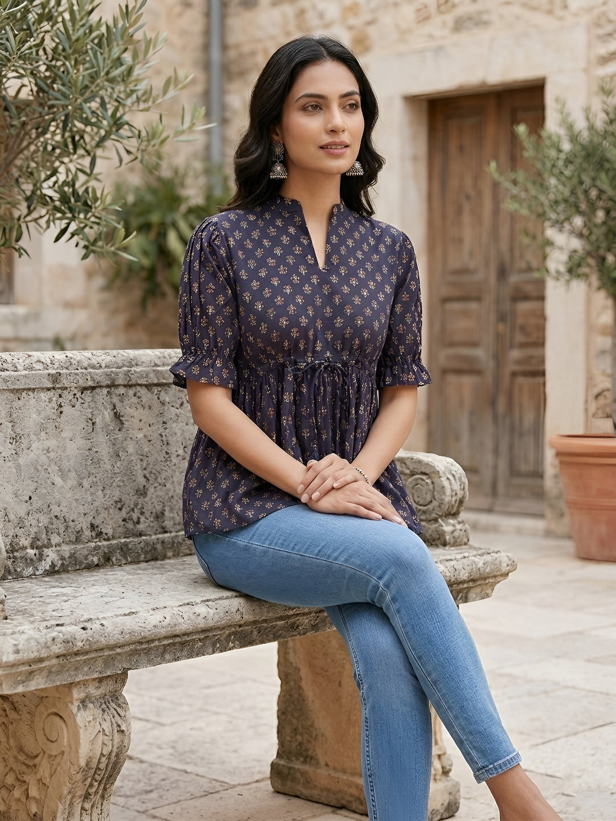 Blue Printed  Peplum Top With Puff Sleeves