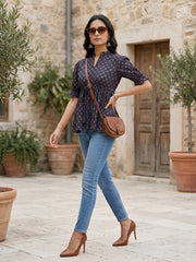 Blue Printed  Peplum Top With Puff Sleeves