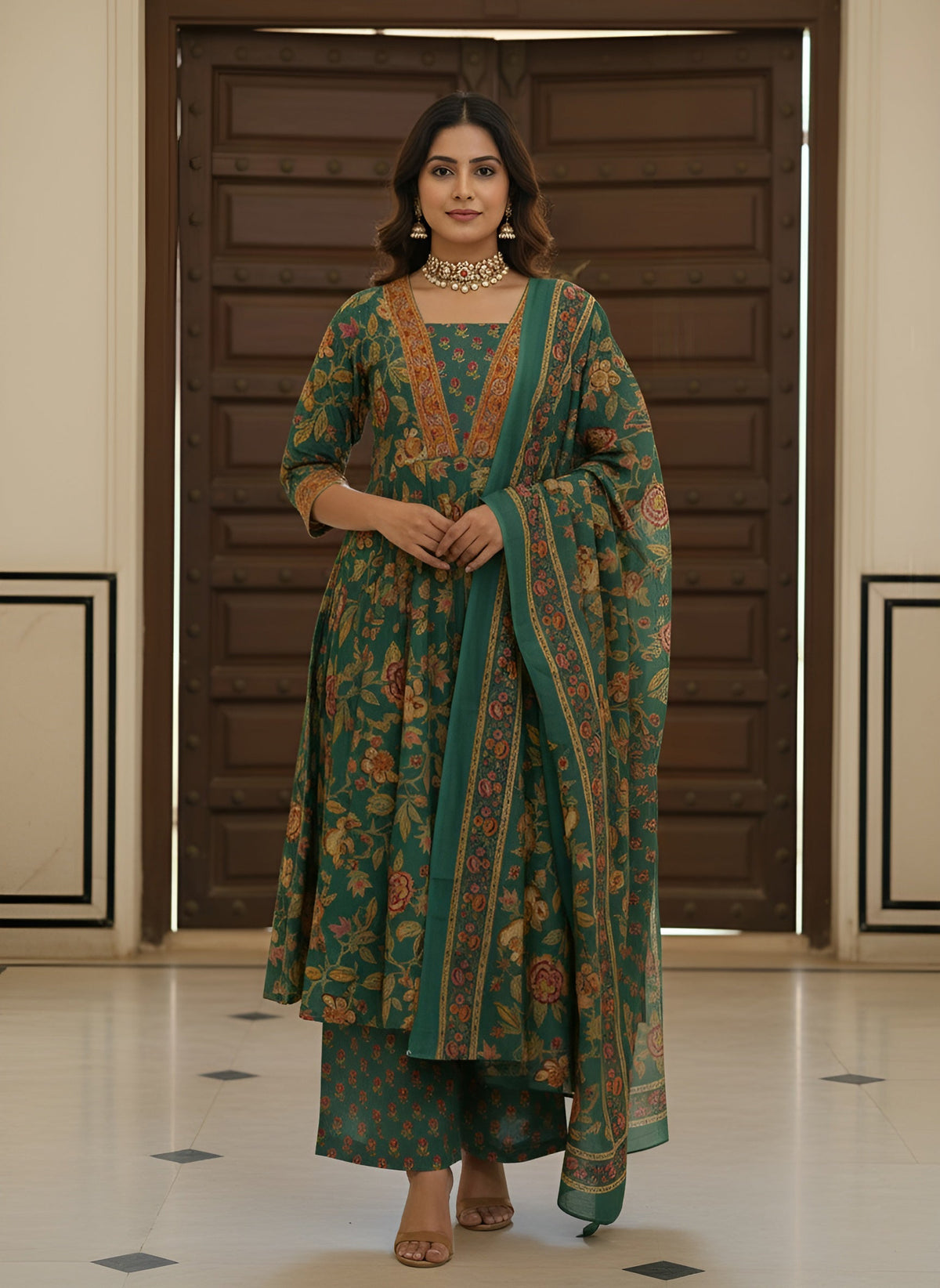 Green Printed Flared Kurta Set With Dupatta for Women