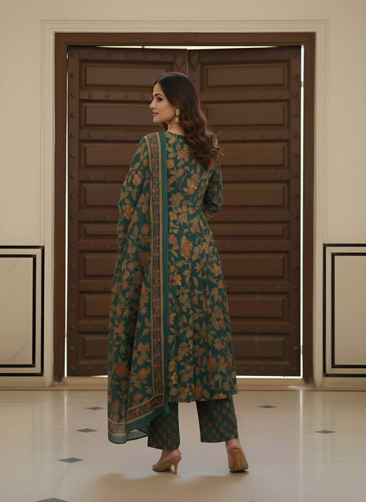 Green Printed Flared Kurta Set With Dupatta for Women