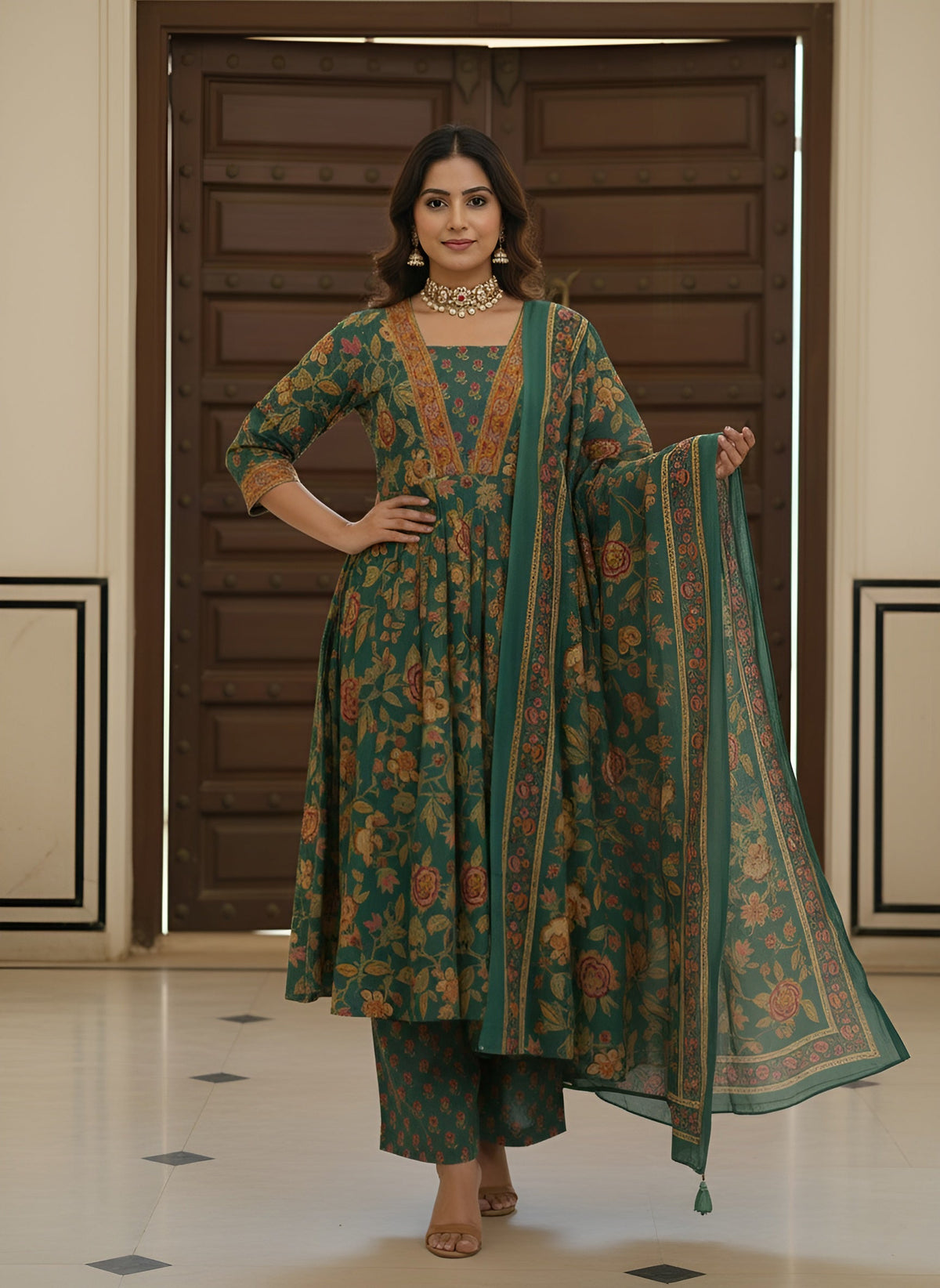 Green Printed Flared Kurta Set With Dupatta for Women