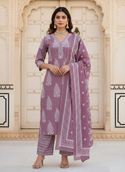 Mauve Printed Straight Kurta Set With Dupatta for Women