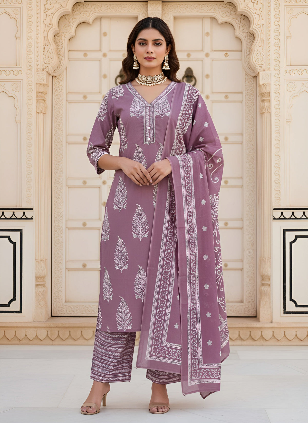 Mauve Printed Straight Kurta Set With Dupatta for Women