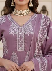 Mauve Printed Straight Kurta Set With Dupatta for Women