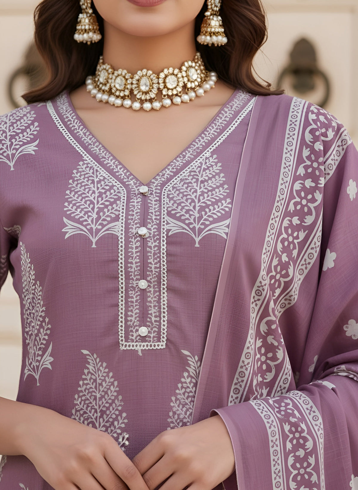 Mauve Printed Straight Kurta Set With Dupatta for Women