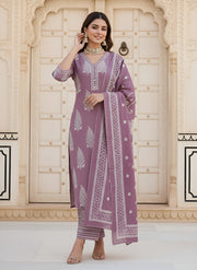 Mauve Printed Straight Kurta Set With Dupatta for Women