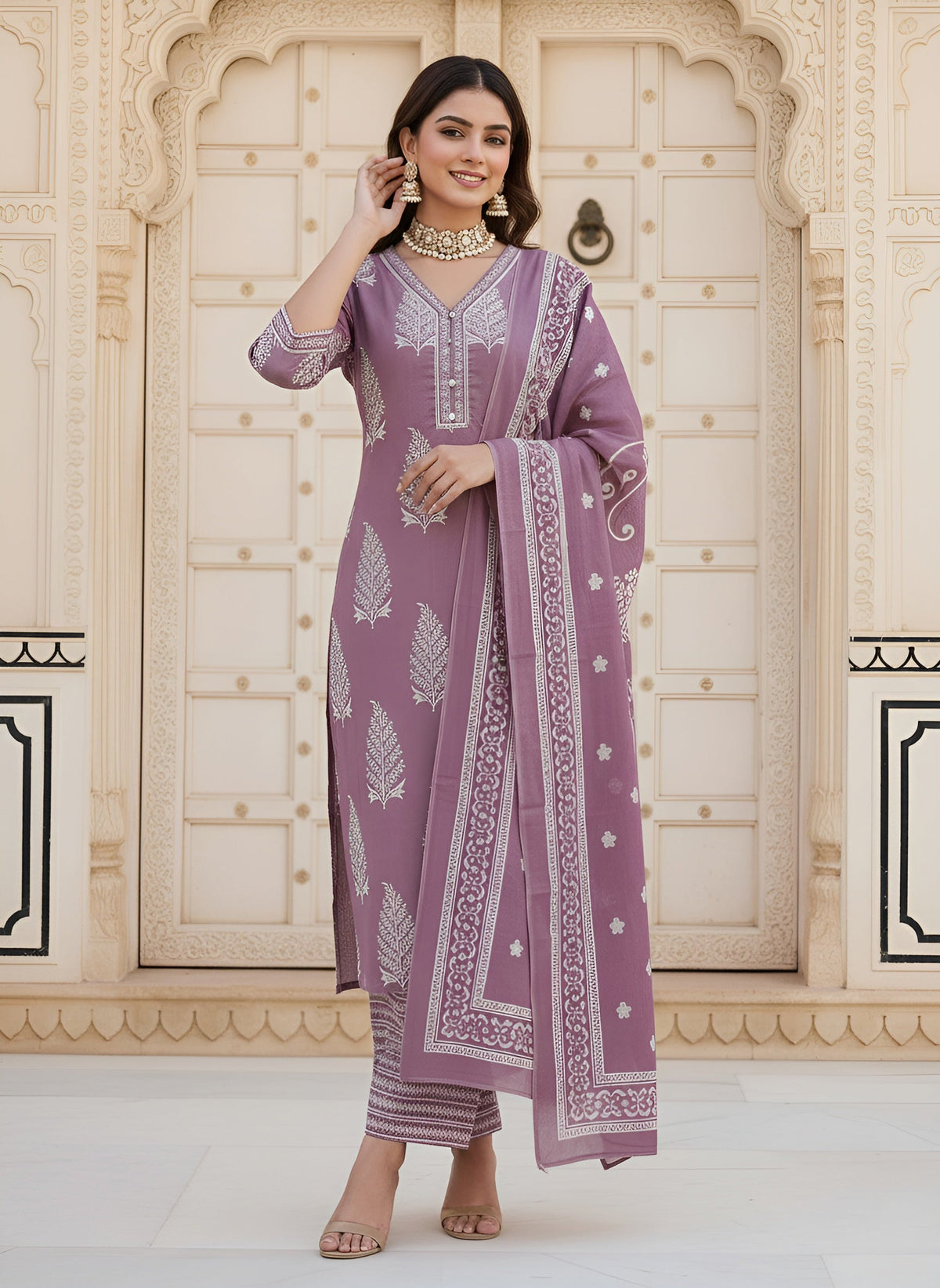Mauve Printed Straight Kurta Set With Dupatta for Women