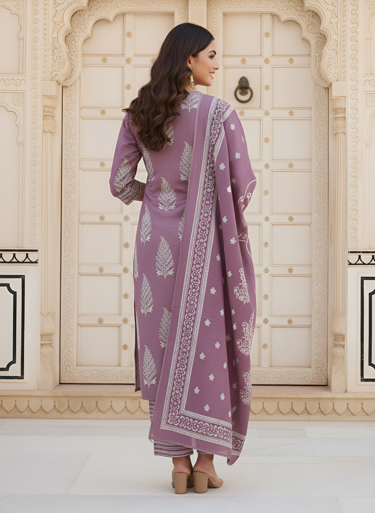 Mauve Printed Straight Kurta Set With Dupatta for Women