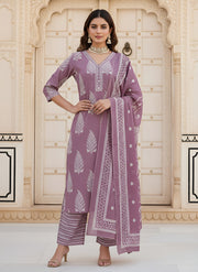Mauve Printed Straight Kurta Set With Dupatta for Women