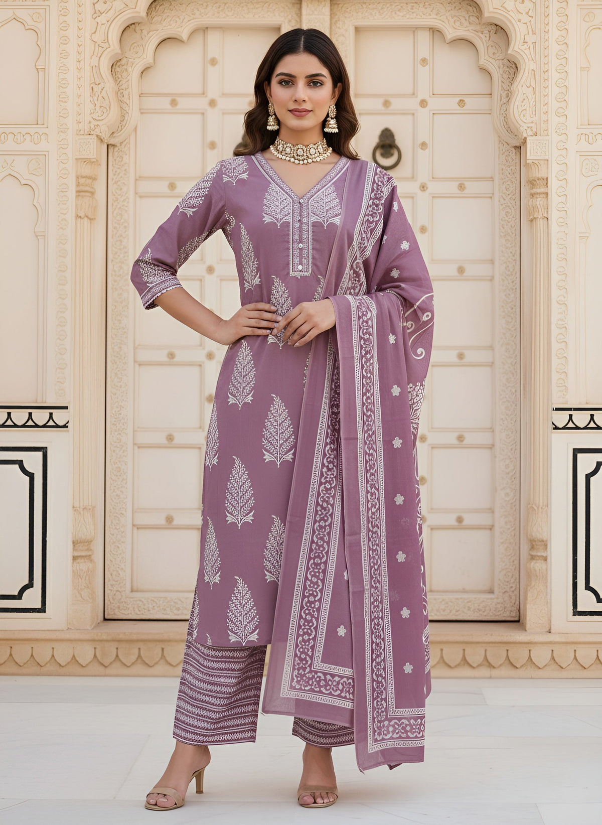 Mauve Printed Straight Kurta Set With Dupatta for Women