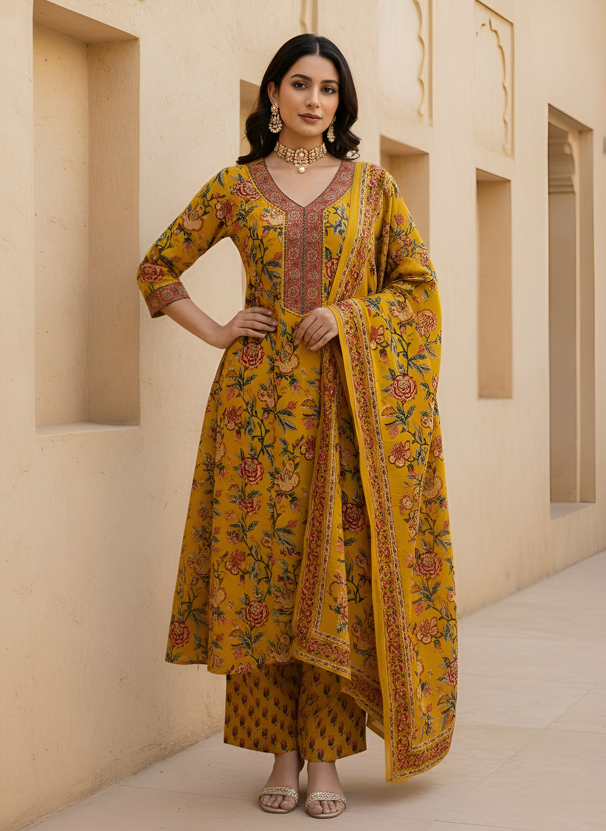 Yellow Anarkali Kurta Set With Dupatta for Women