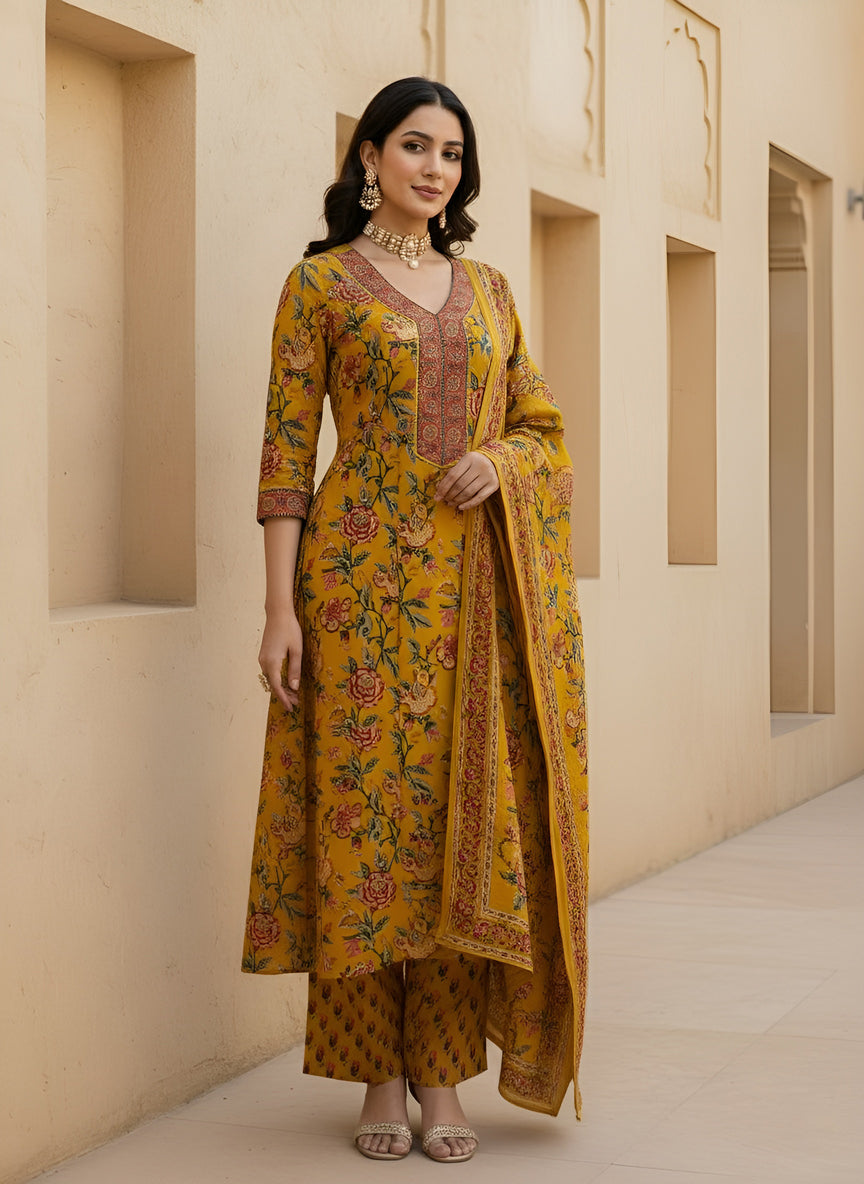 Yellow Anarkali Kurta Set With Dupatta for Women