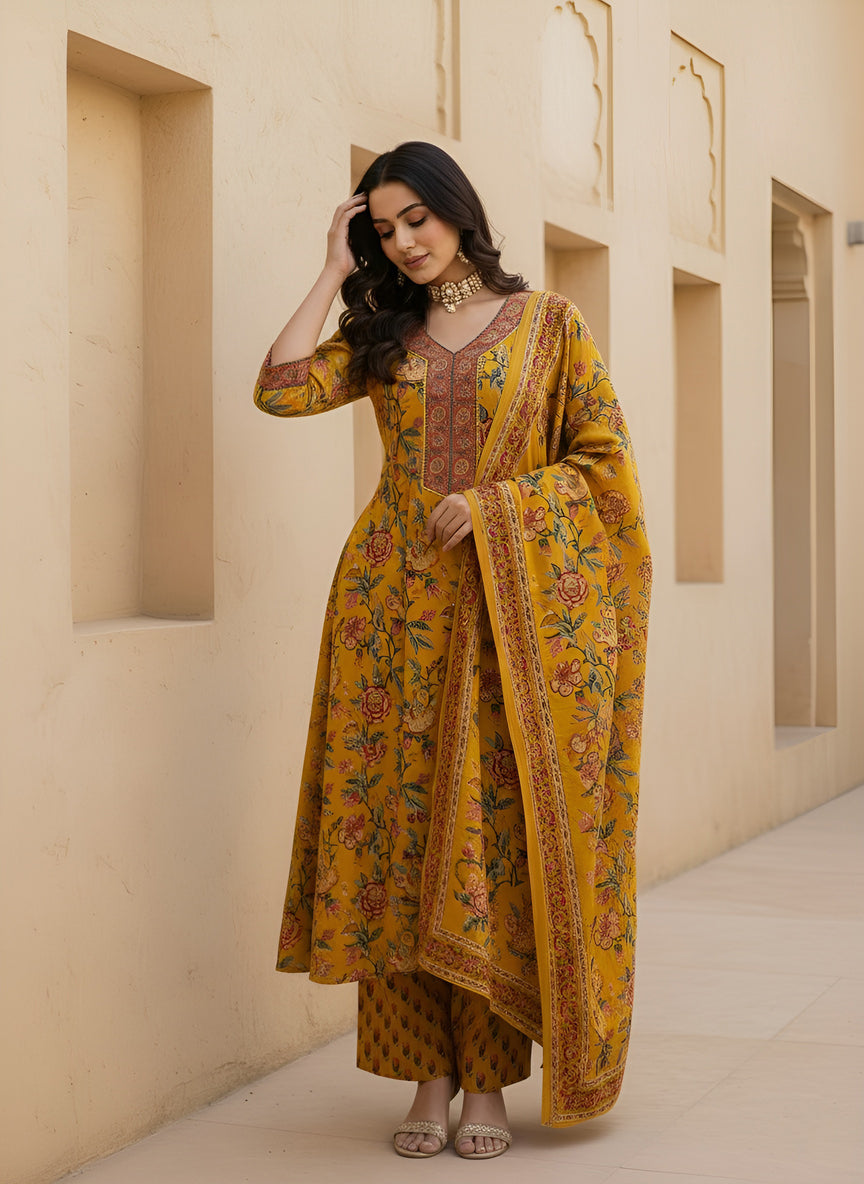 Yellow Anarkali Kurta Set With Dupatta for Women