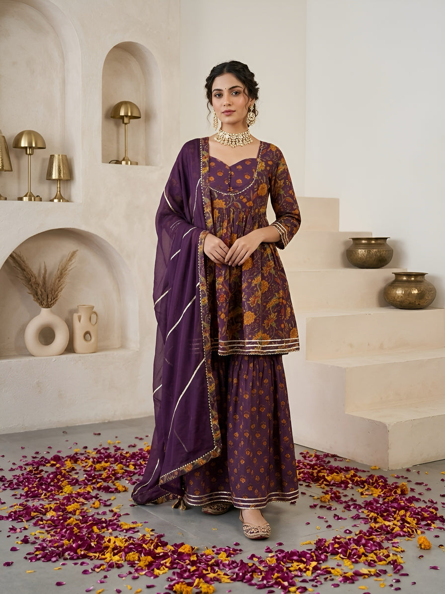 Purple Printed Peplum Kurta Set With Dupatta for Women