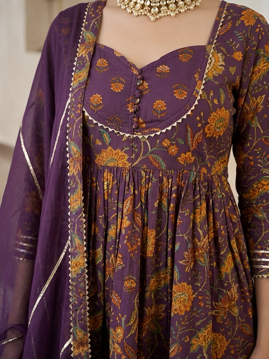 Purple Printed Peplum Kurta Set With Dupatta for Women