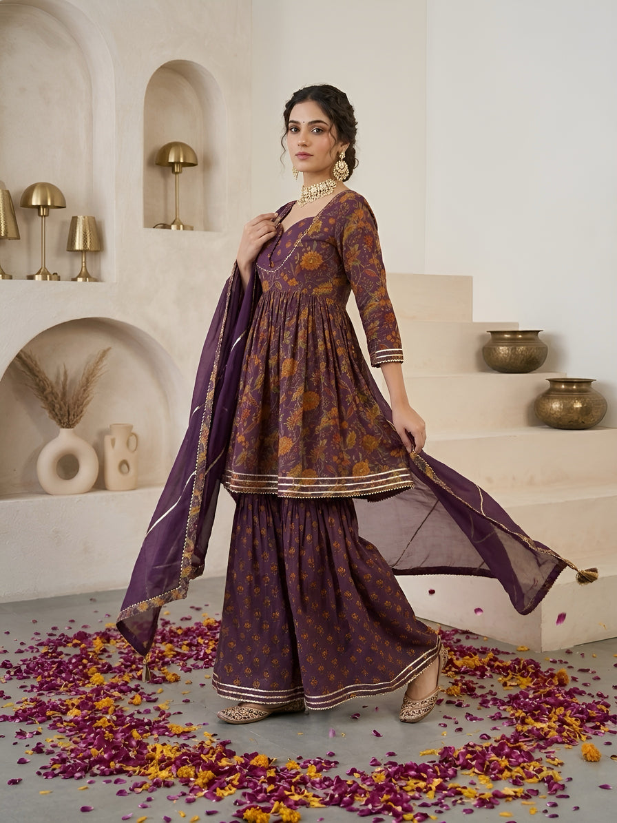 Purple Printed Peplum Kurta Set With Dupatta for Women