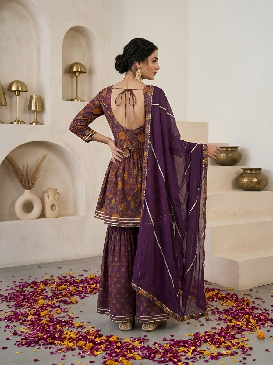Purple Printed Peplum Kurta Set With Dupatta for Women
