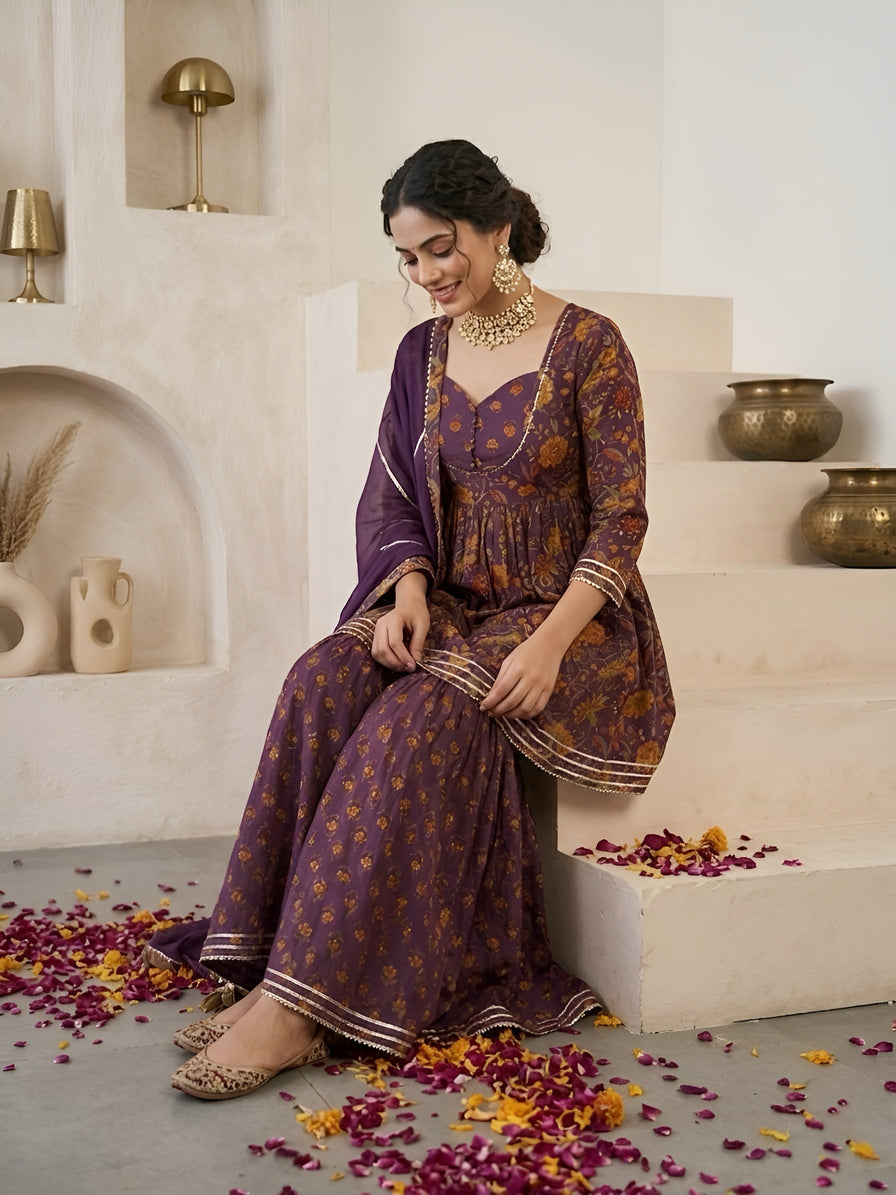 Purple Printed Peplum Kurta Set With Dupatta for Women
