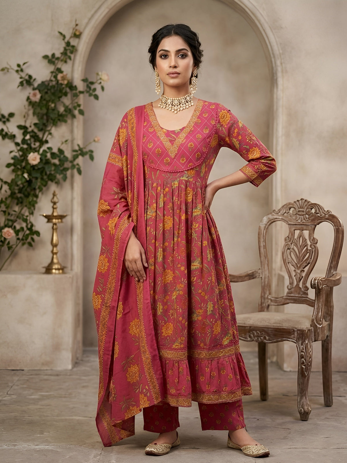 Pink Printed Anarkali Kurta Set With Dupatta for Women
