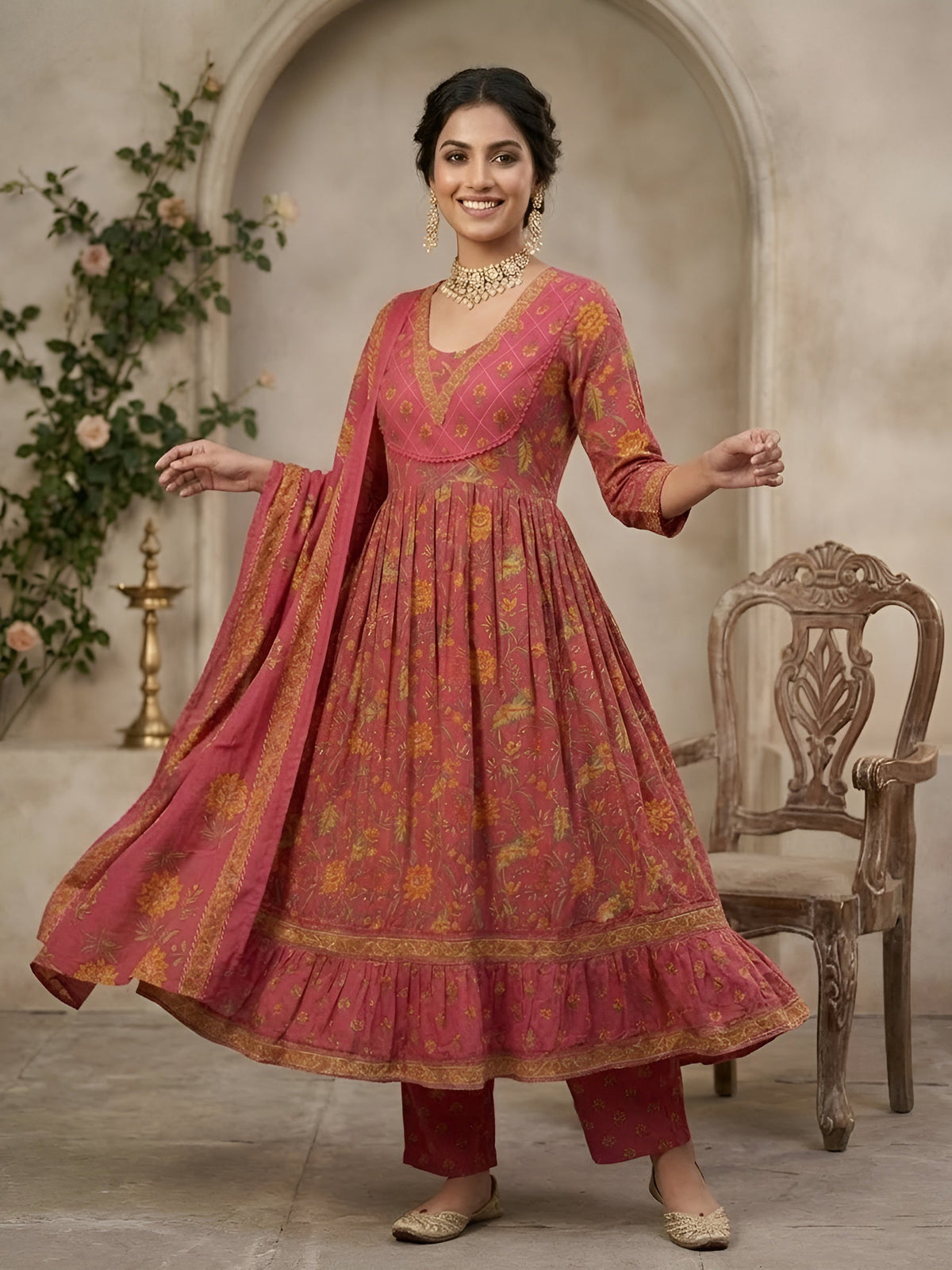 Pink Printed Anarkali Kurta Set With Dupatta for Women