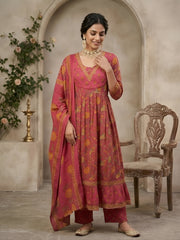 Pink Printed Anarkali Kurta Set With Dupatta for Women