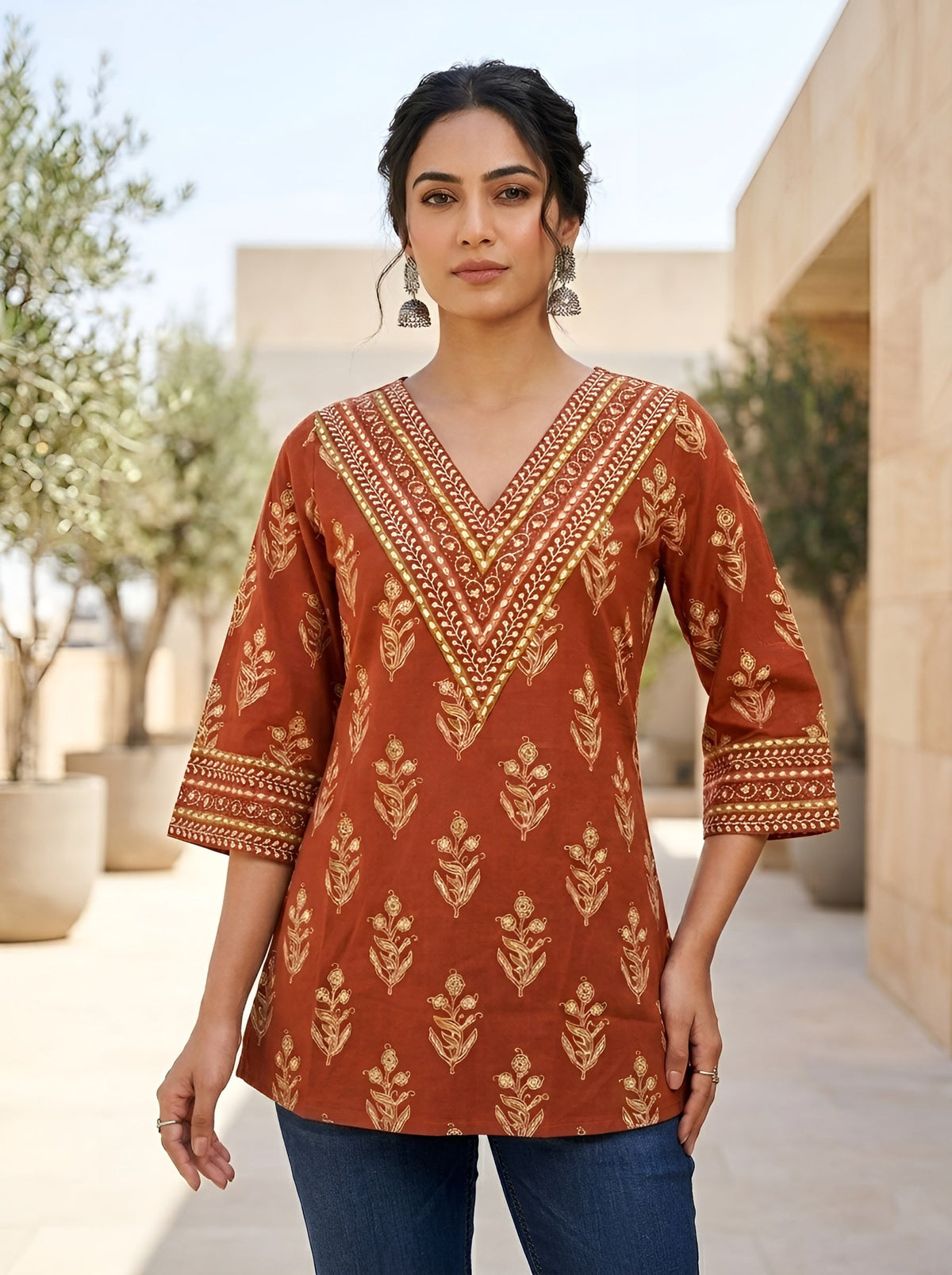 Rust Ethnic Printed Tunic For Women