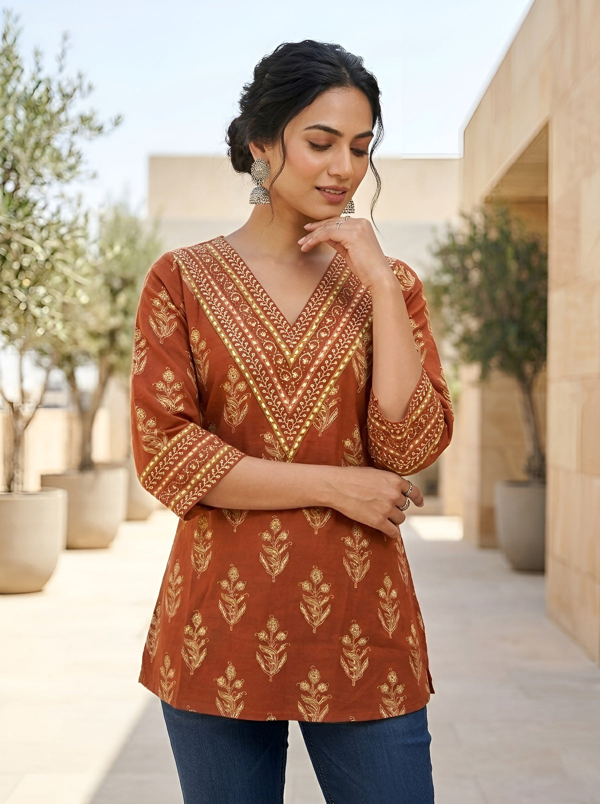 Rust Ethnic Printed Tunic For Women