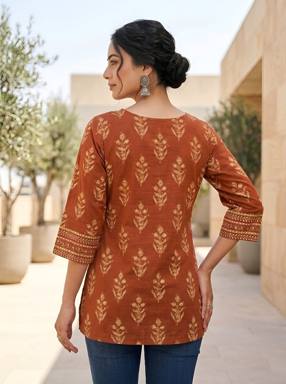 Rust Ethnic Printed Tunic For Women