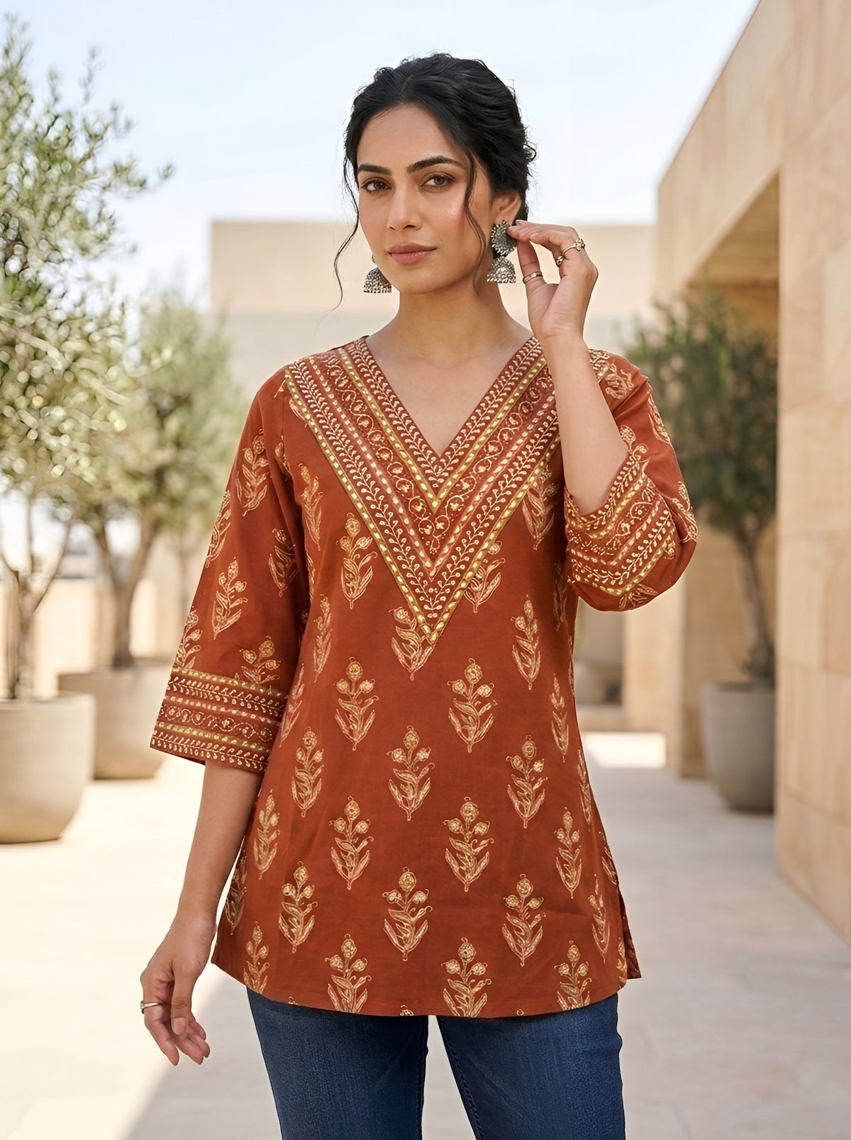 Rust Ethnic Printed Tunic For Women