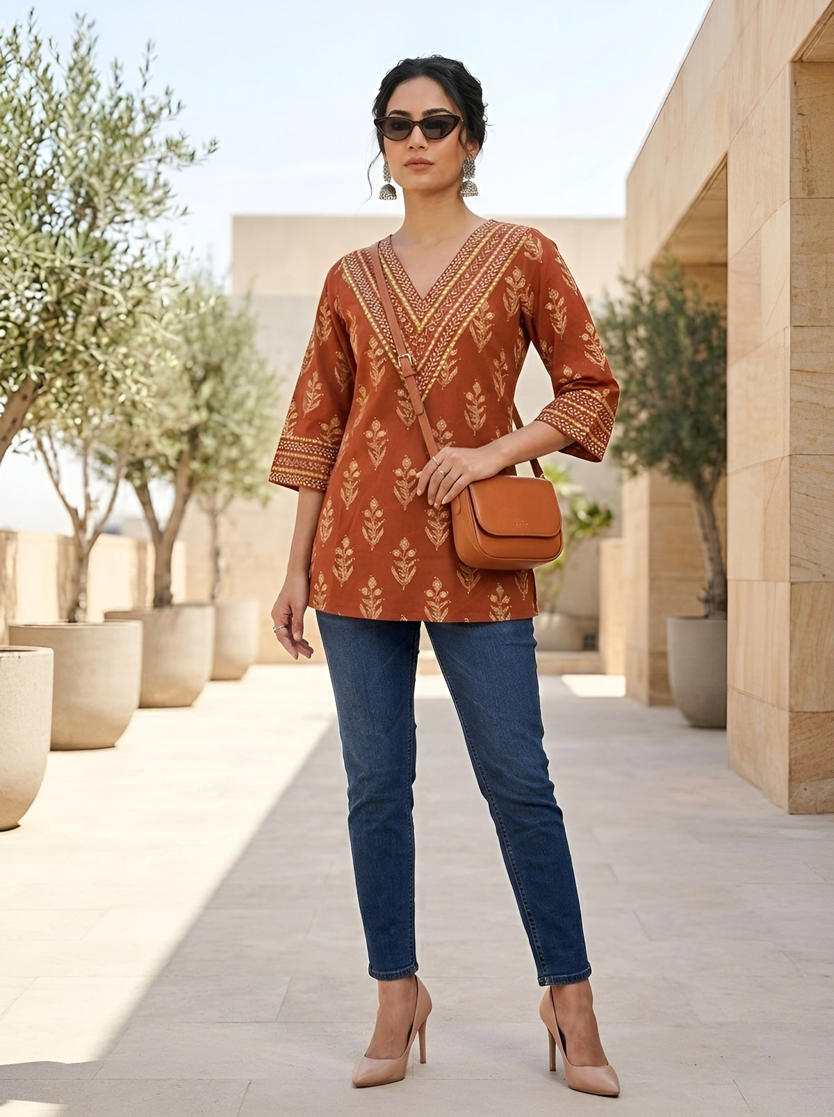 Rust Ethnic Printed Tunic For Women