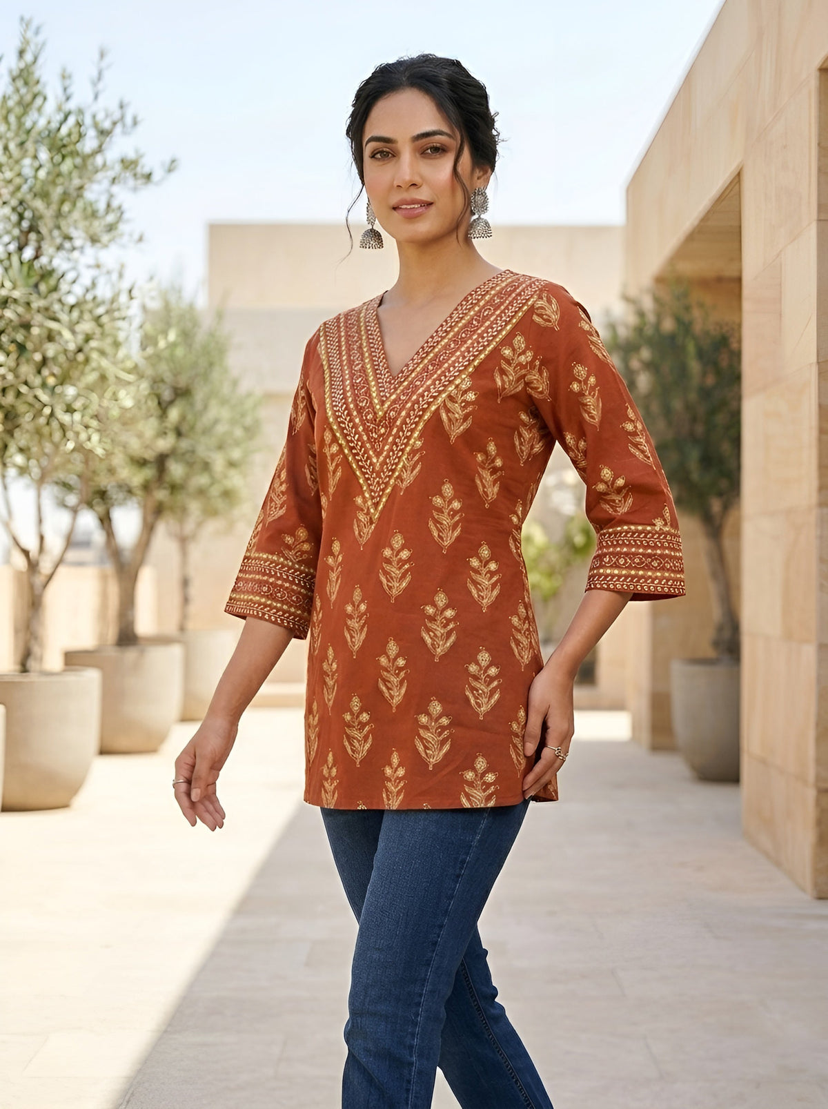 Rust Ethnic Printed Tunic For Women