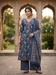 Navy Blue Printed A-Line Kurta Set With Dupatta for Women