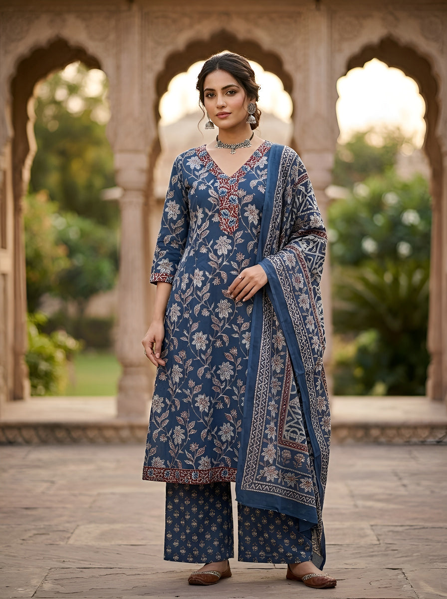 Navy Blue Printed A-Line Kurta Set With Dupatta for Women