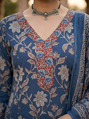 Navy Blue Printed A-Line Kurta Set With Dupatta for Women