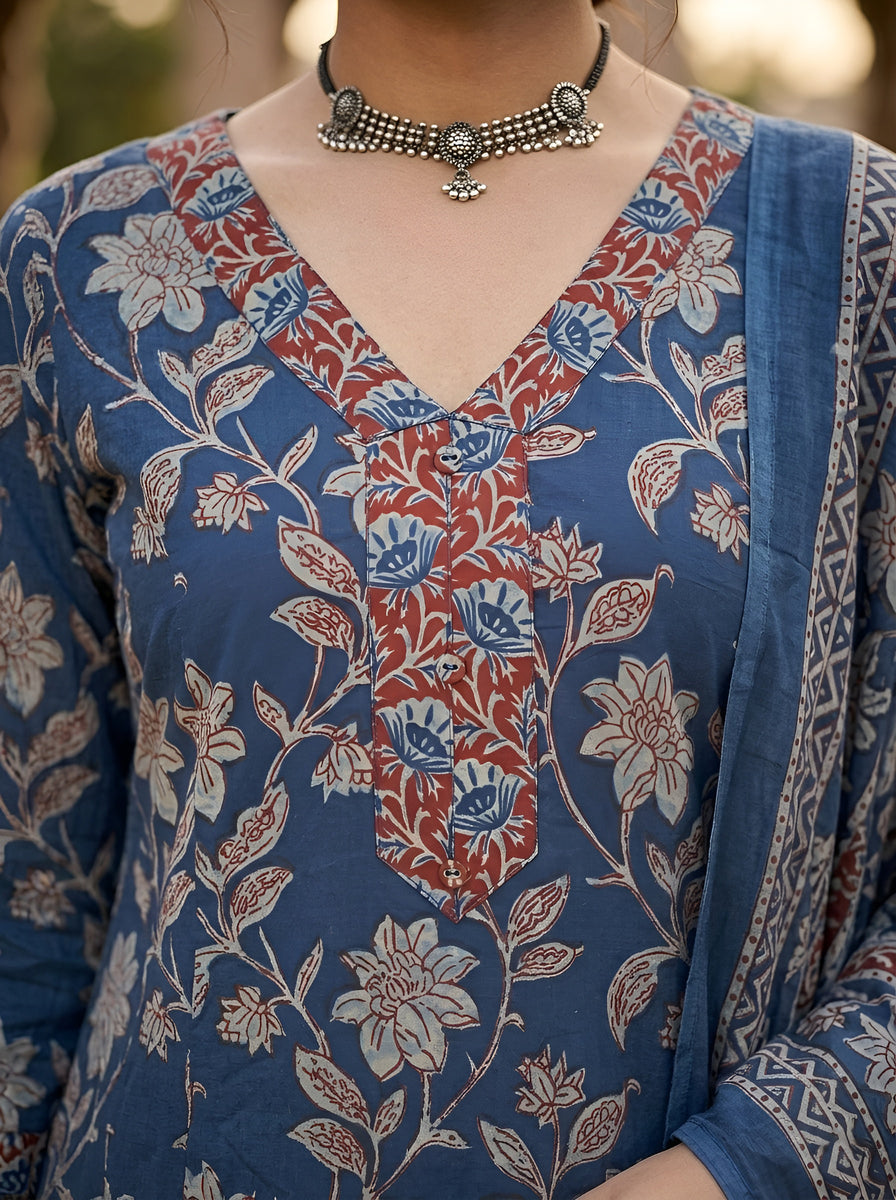 Navy Blue Printed A-Line Kurta Set With Dupatta for Women