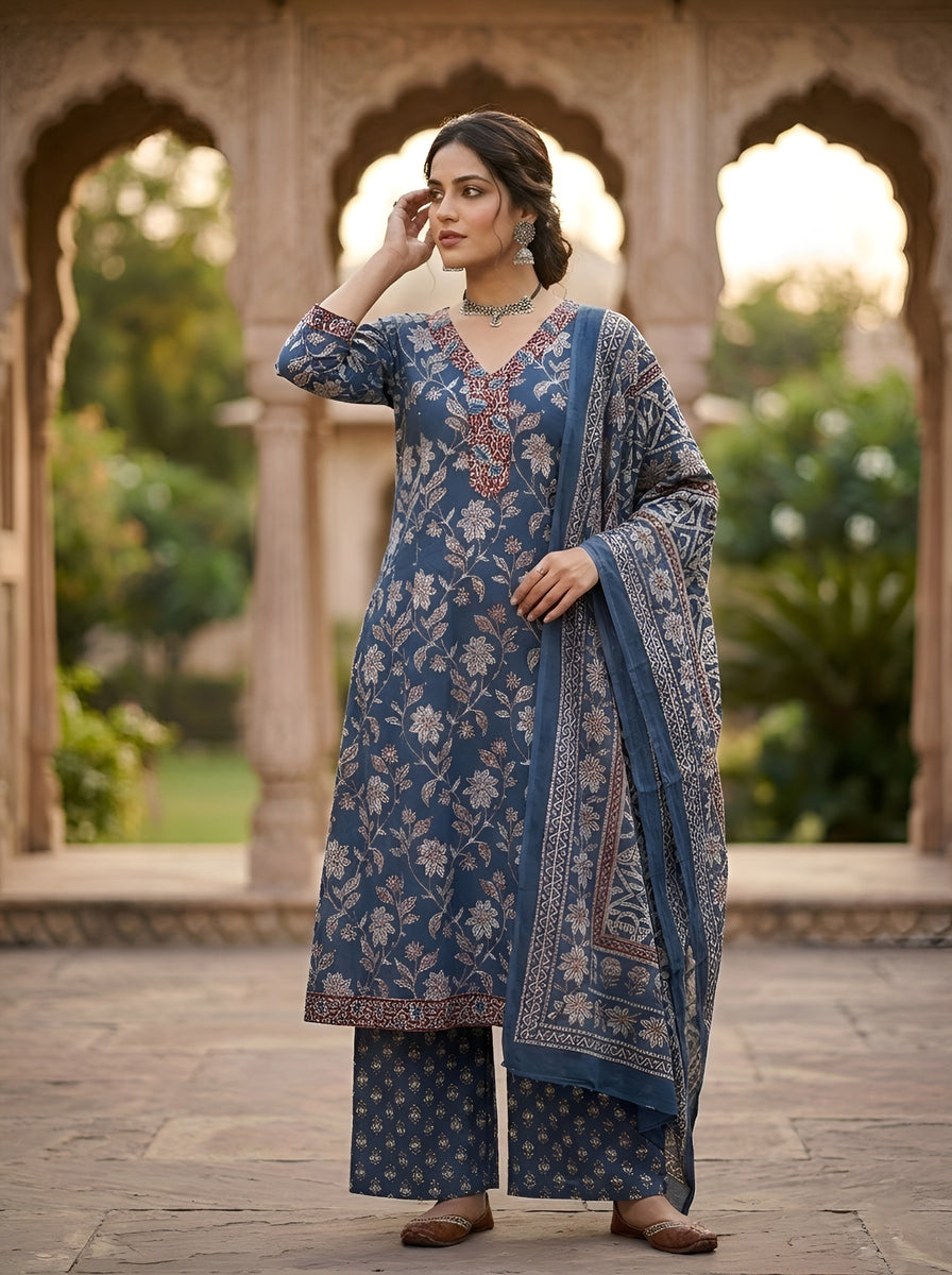 Navy Blue Printed A-Line Kurta Set With Dupatta for Women