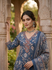 Navy Blue Printed A-Line Kurta Set With Dupatta for Women