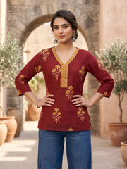 Women Maroon Printed Straight Tunic