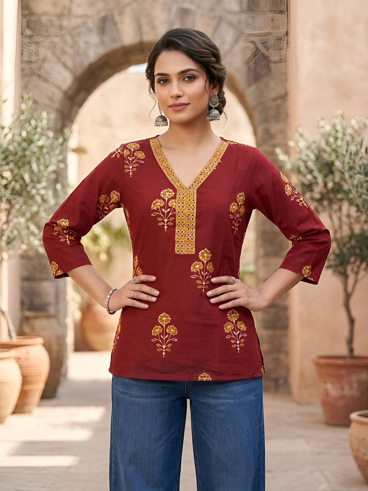 Women Maroon Printed Straight Tunic